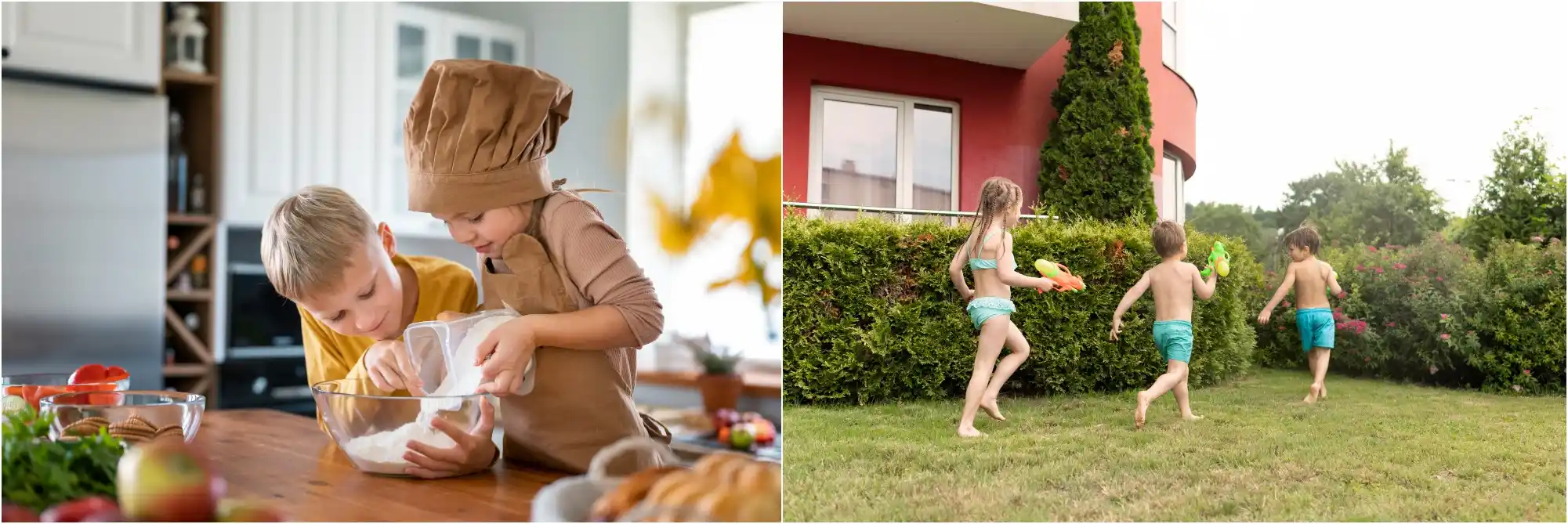 Actividades para hacer en verano con niños: a la izquierda niños cocinando, a la derecha niños jugando con pistolas de agua