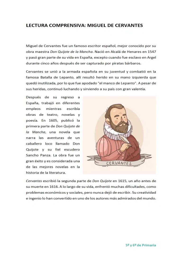 Ficha de comprensión lectora sobre miguel de cervantes para 5º y 6º de primaria