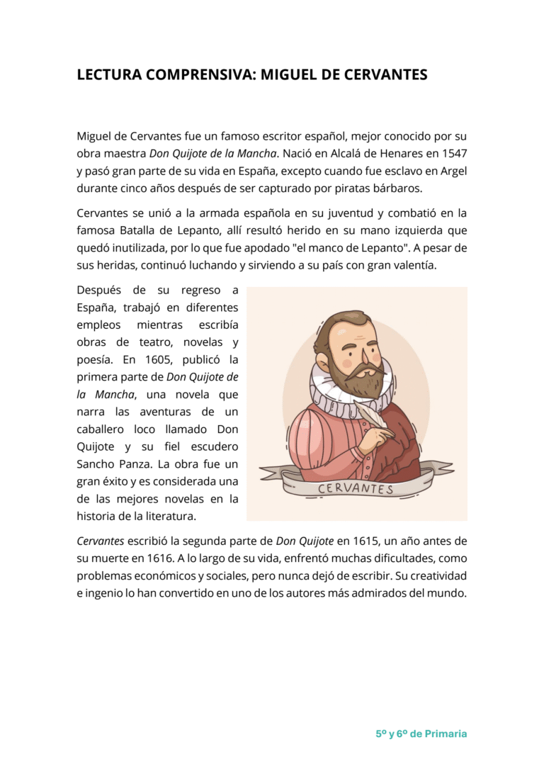 Ficha de comprensión lectora sobre miguel de cervantes para 5º y 6º de primaria